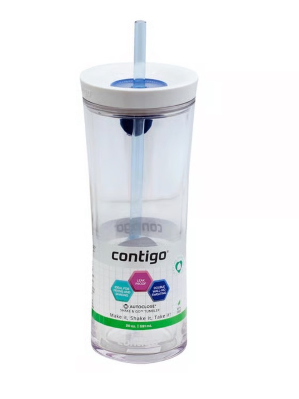 NWT Contigo Auto Close Shake & Go Tumbler 20 Oz., Clear with Monaco Blue Straw